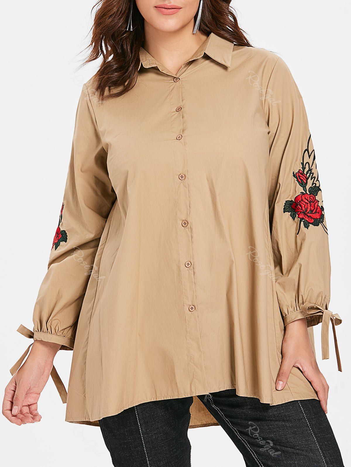 

Floral Embroidery Plus Size Tied Sleeve Shirt, Blanched almond