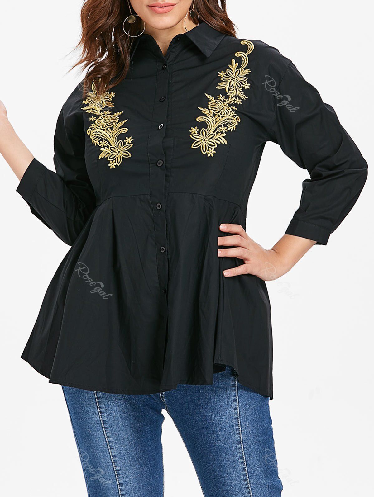 

Embroidery Plus Size A Line Shirt, Black