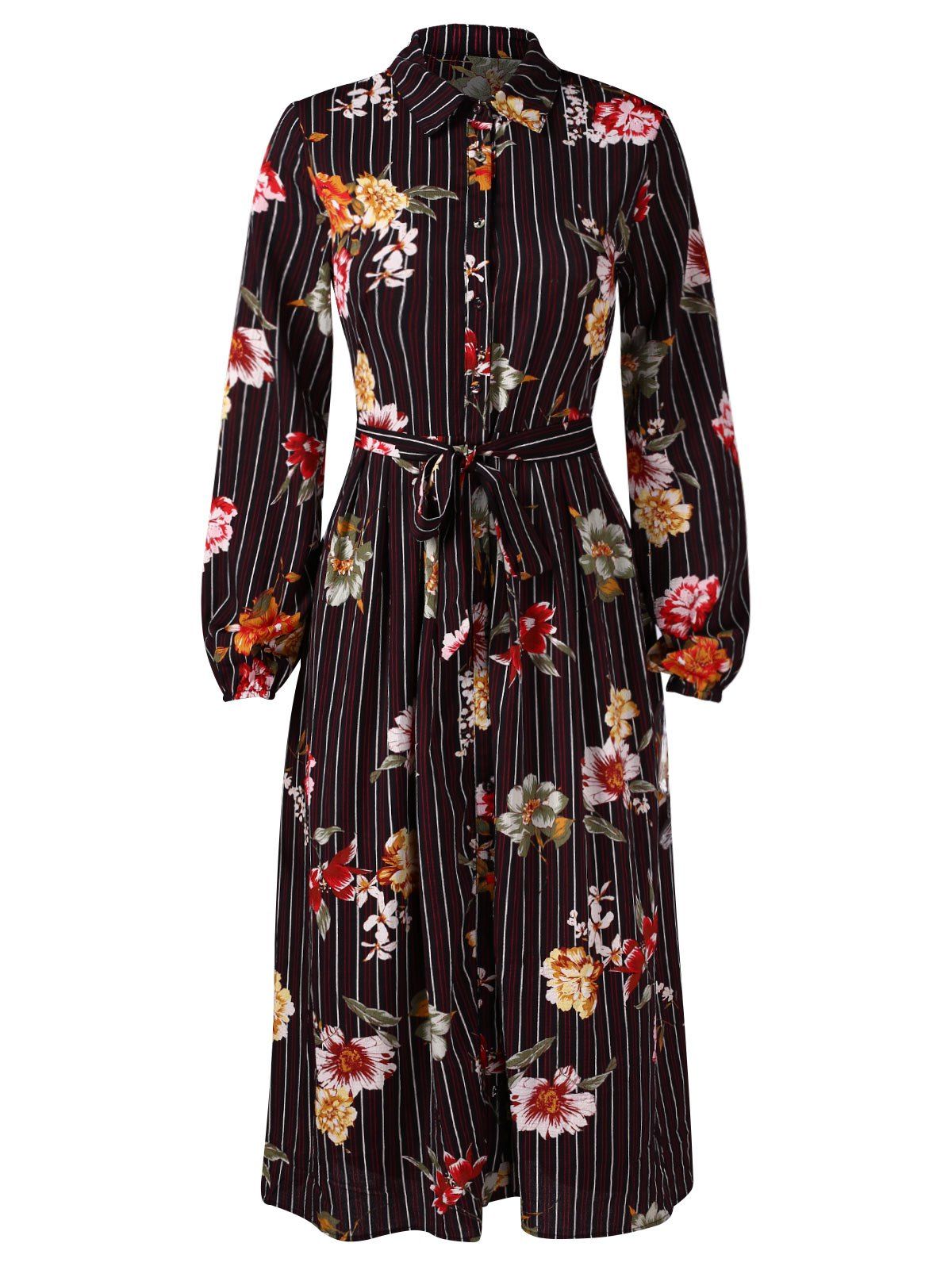 

Floral Panel Stripe Print Long Sleeve Dress, Black