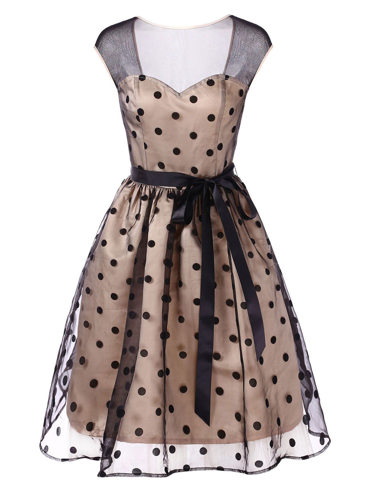 

Vintage Polka Dot Mesh Insert Swing Dress, Blanched almond