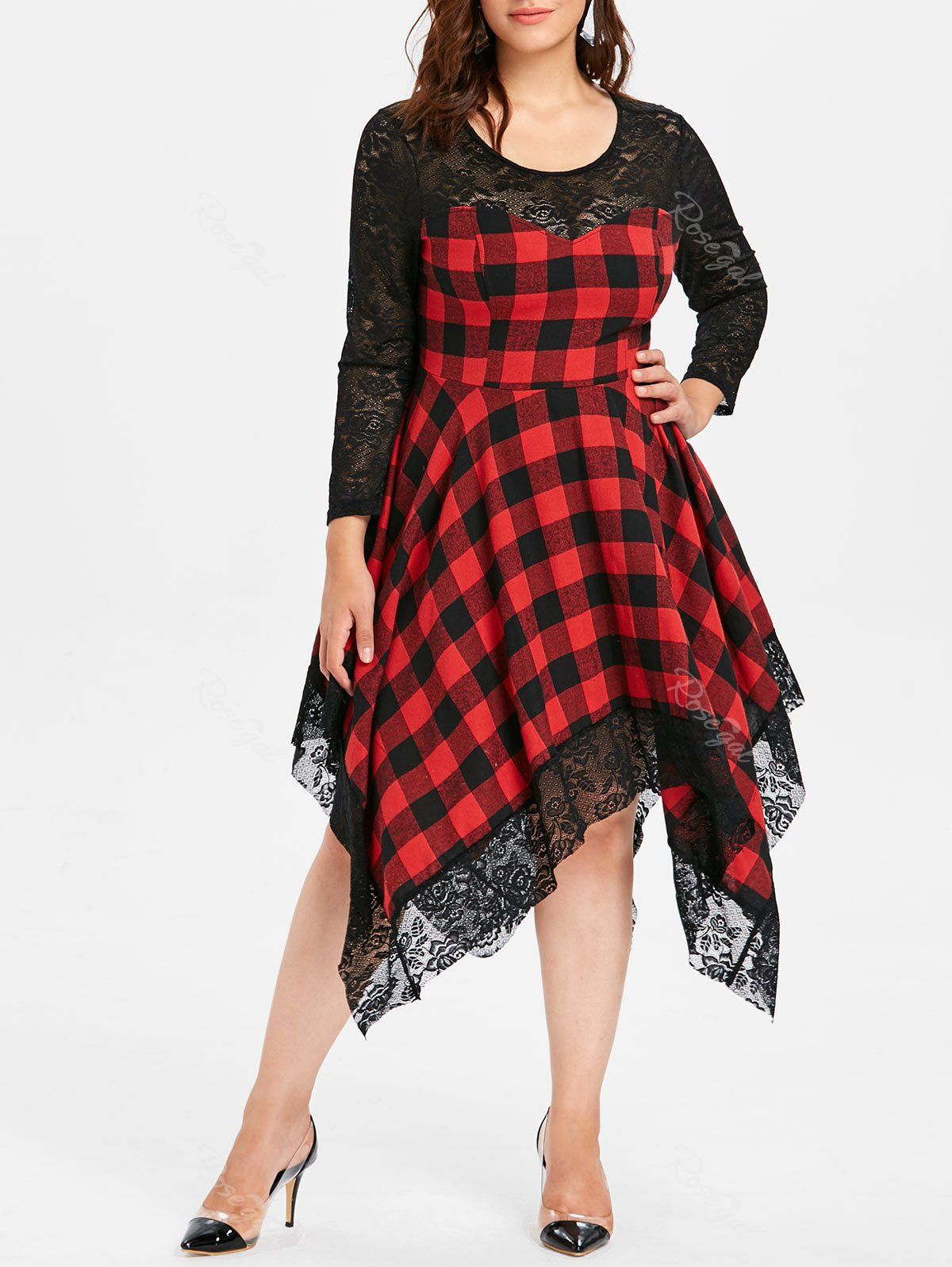 

Plus Size Lace Plaid Handkerchief Dress, Red