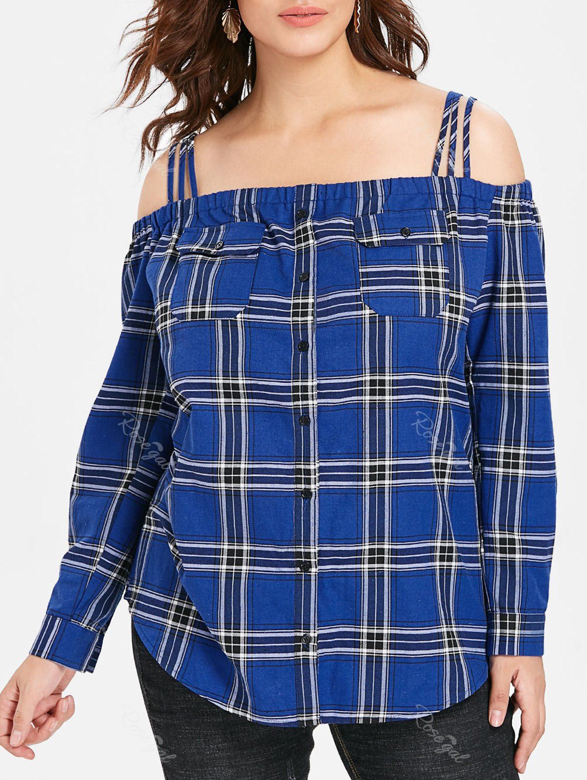 

Plus Size Plaid Buttons Cold Shoulder Blouse, Blueberry blue