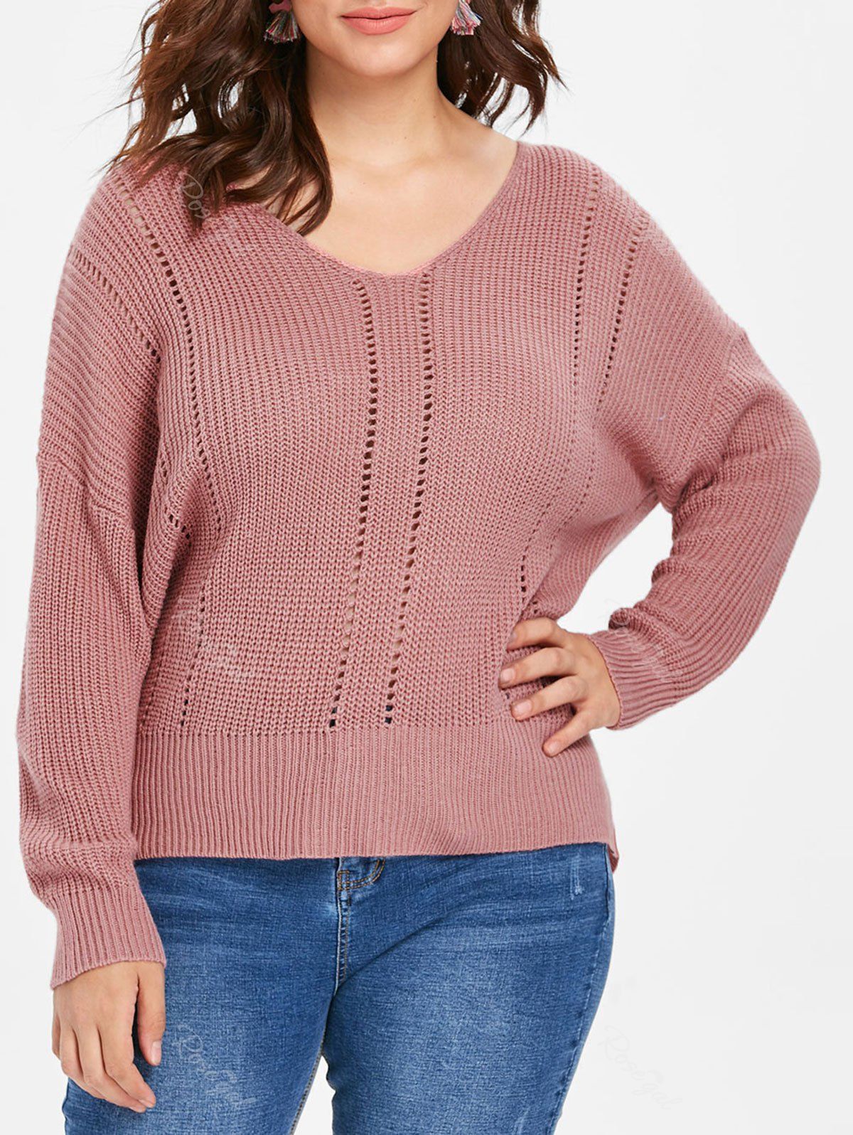 

Plus Size Fitted V Neck Sweater, Lipstick pink
