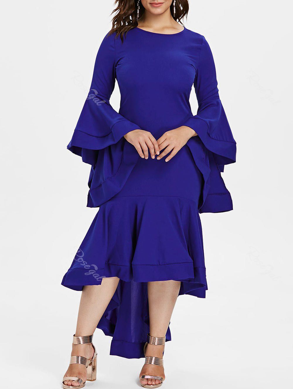 

Tiered Bell Sleeve Plus Size Flounce Hem Party Dress, Navy blue
