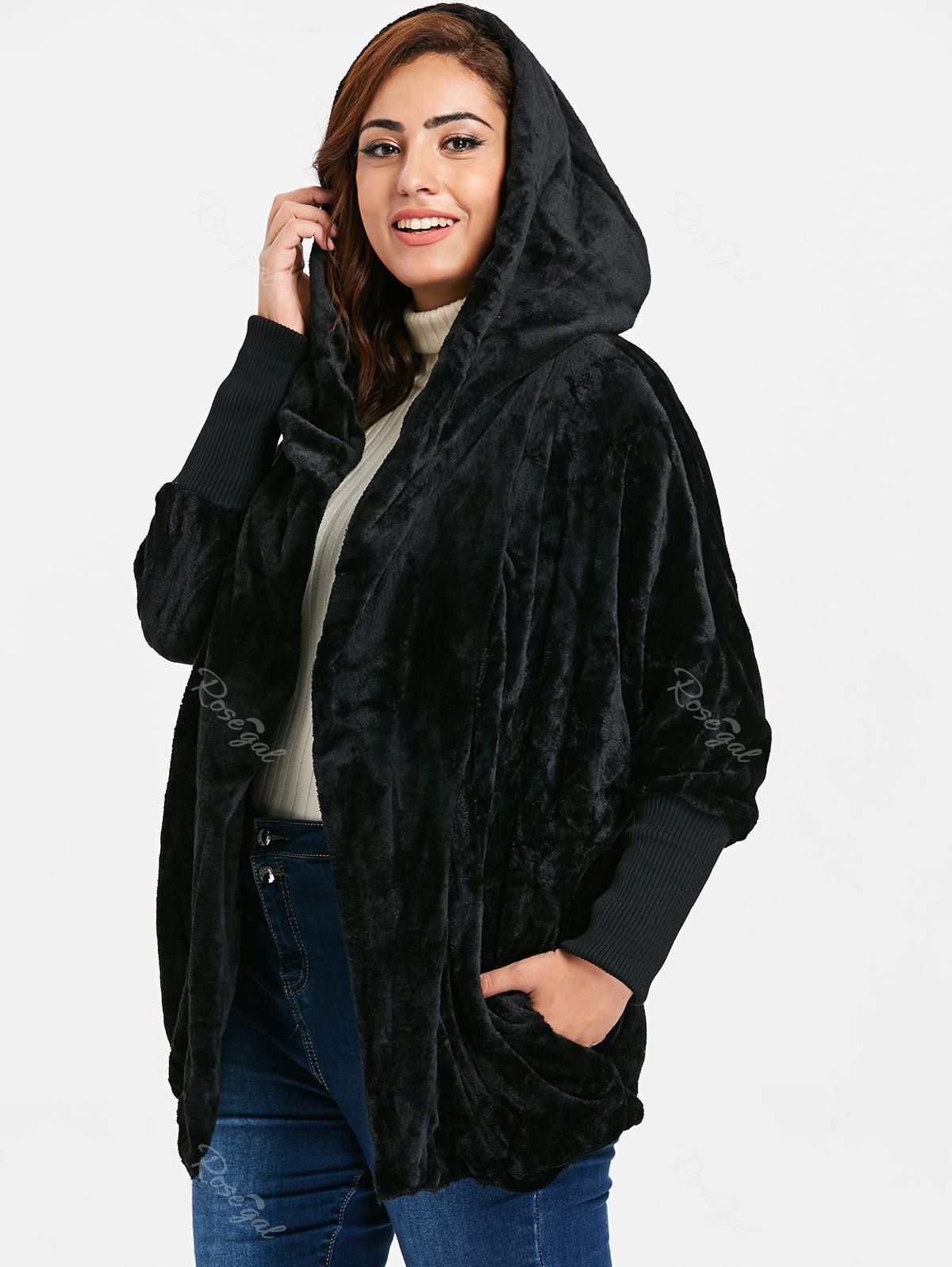

Faux Fur Plus Size Hooded Coat, Black