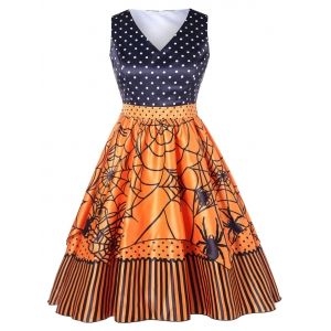 

Polka Dot Plus Size Spider Print Halloween Vintage Dress, Dark orange