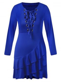 Plus Size Lace Up Flounced Midi Dress - BLUE - L