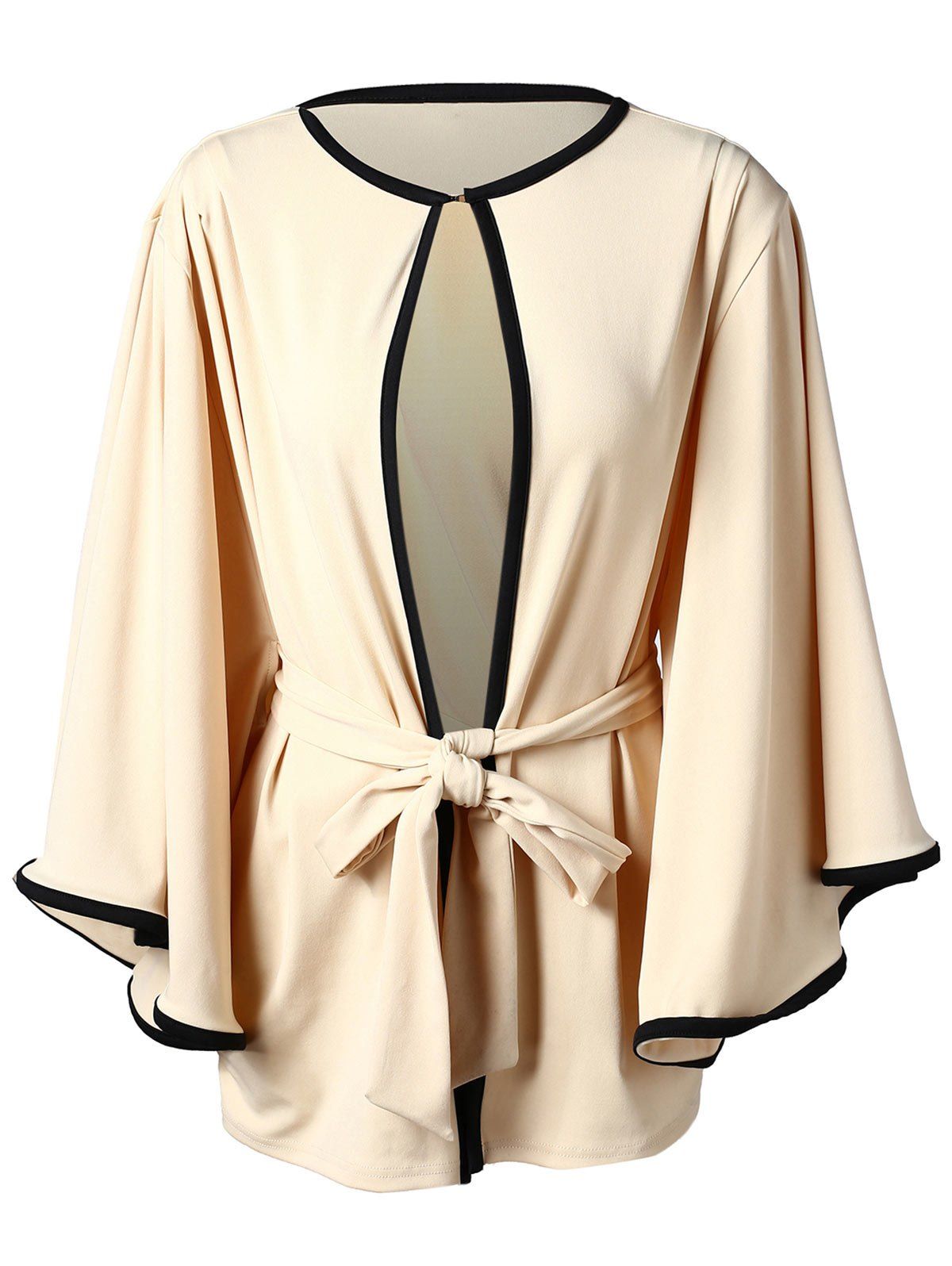 

Color Trim Bell Sleeve Open Front Cardigan, Beige