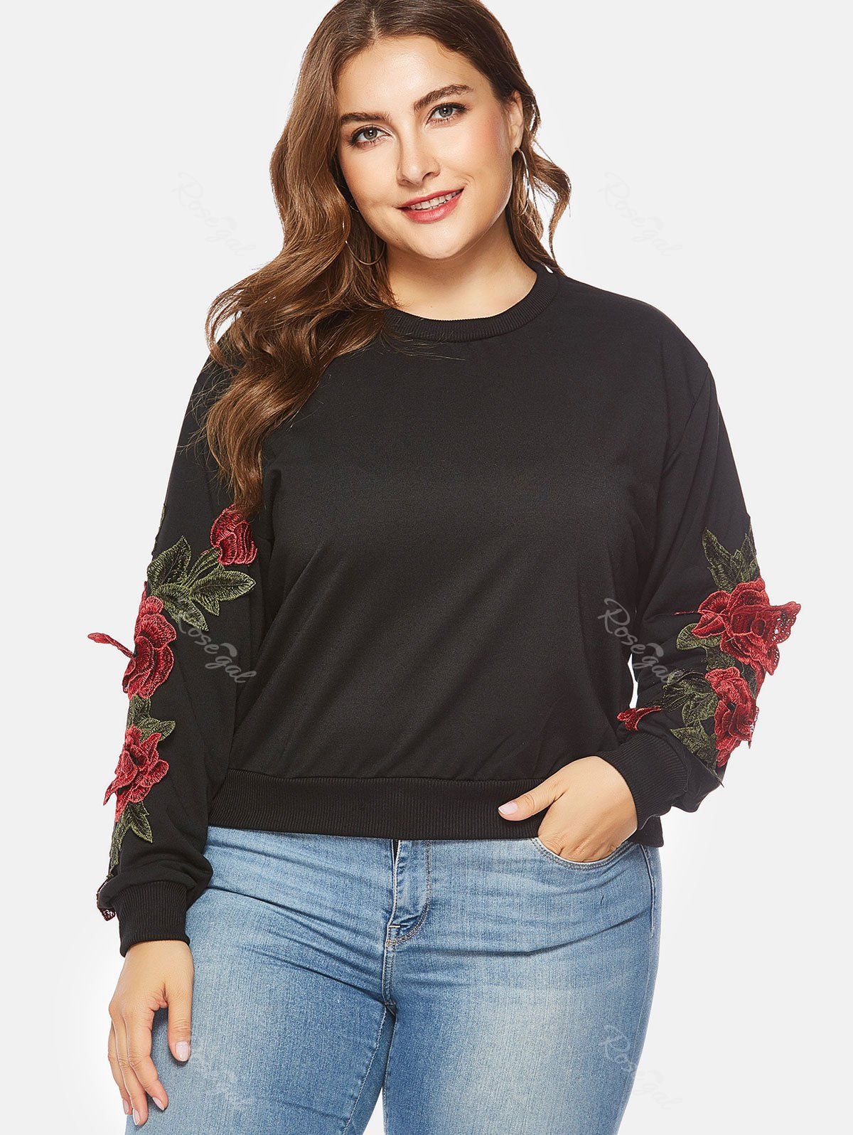 

Applique Long Sleeve Plus Size Sweatshirt, Black