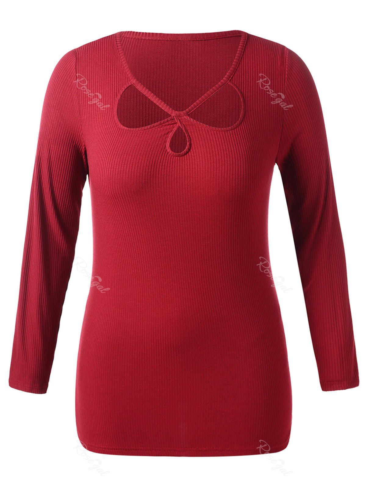 

Plus Size Cut Out Ribbed Long Sleeve Top, Red