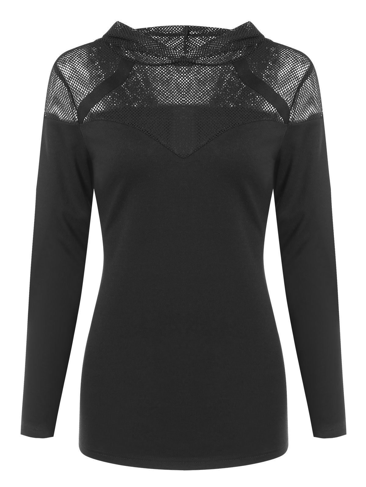 

Full Sleeve Mesh Trim Hooded T-shirt, Black