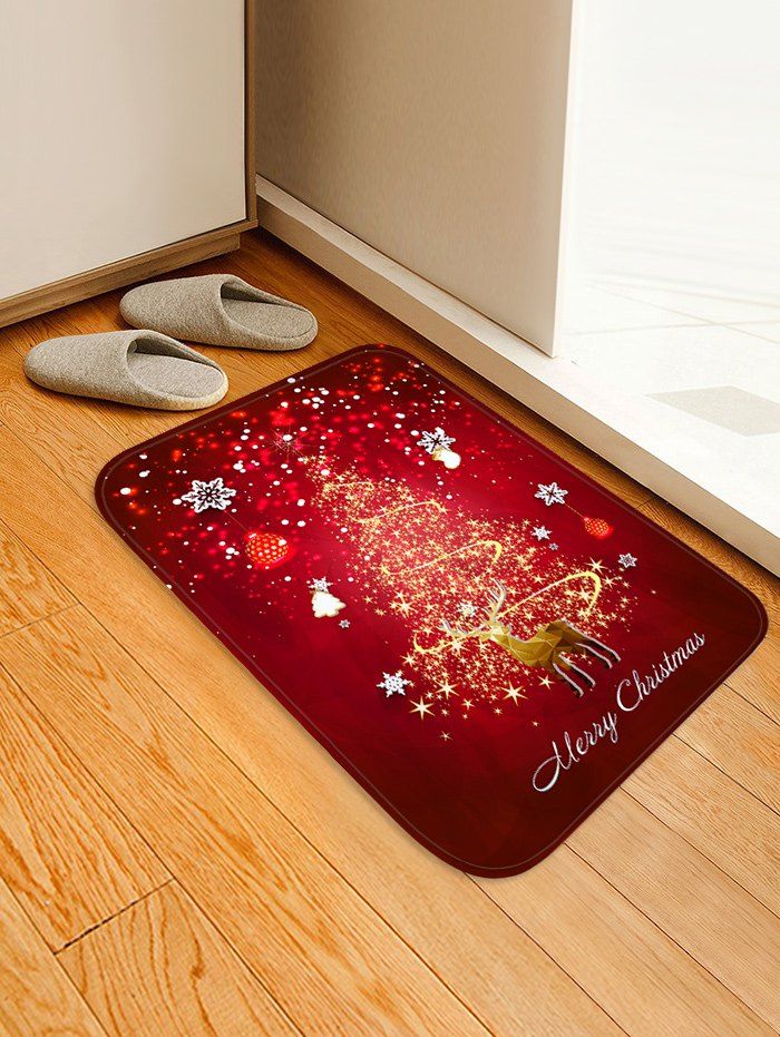 

Christmas Snowflake Deer Printed Decorative Flannel Floor Mat, Red