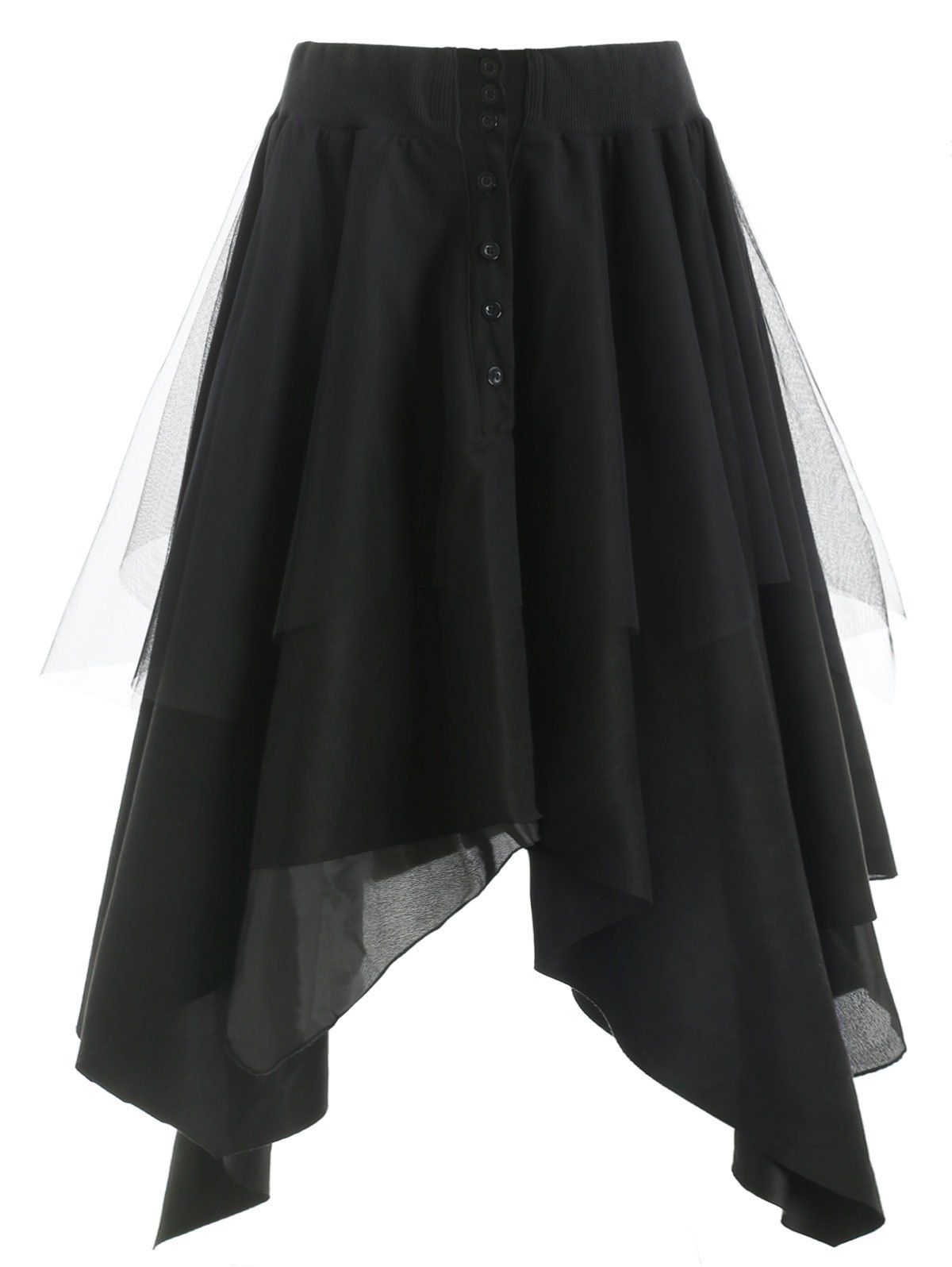 [63% OFF] Half Button Mesh Panel Long Asymmetrical Skirt | Rosegal