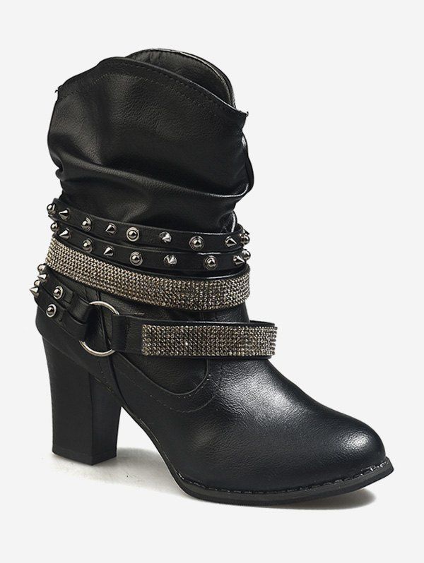 

Studded Strap Wrap Ankle Slouch Boots, Black