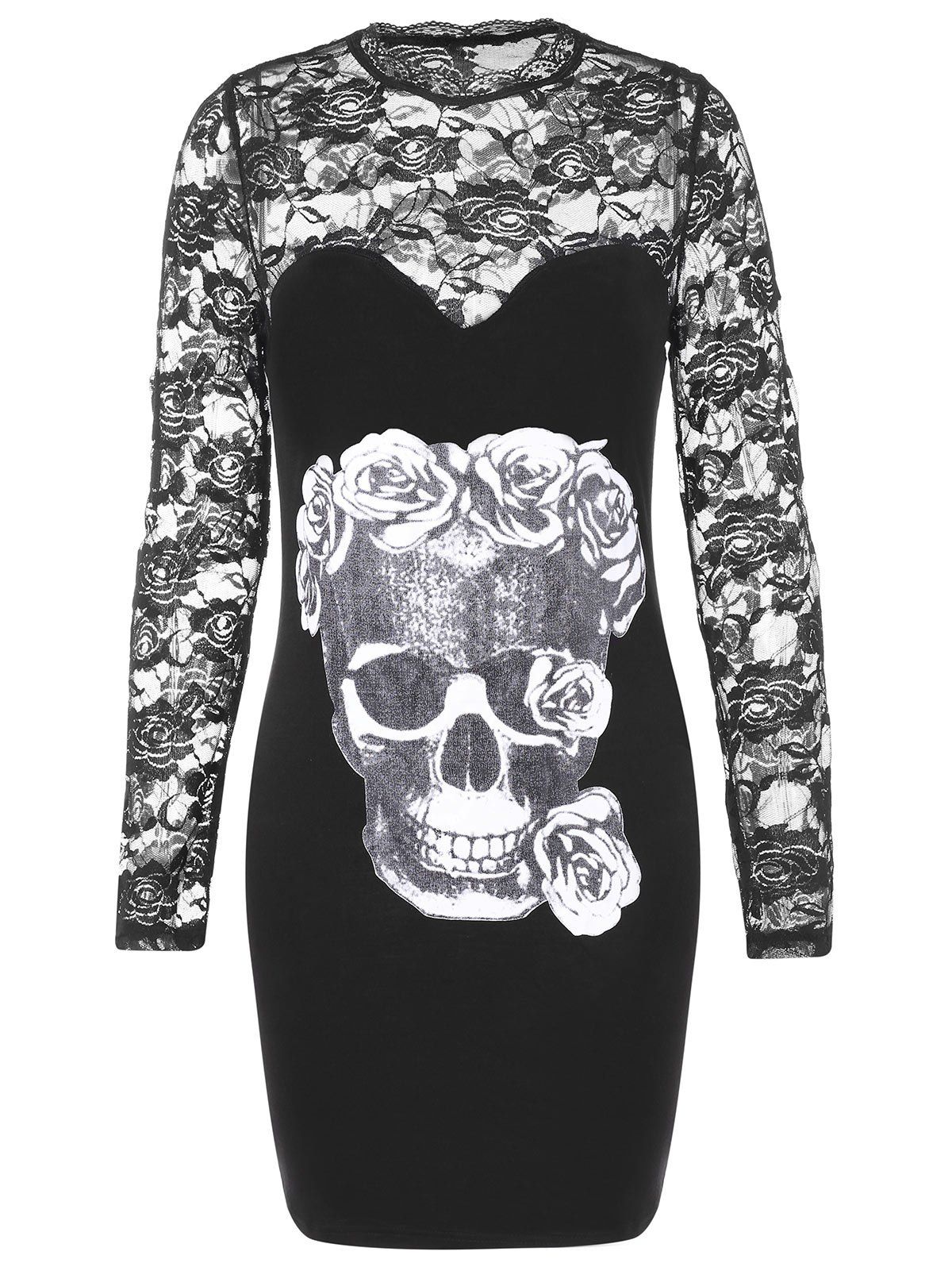 28 Off Halloween Skulls Print Lace Sleeve Bodycon Dress Rosegal