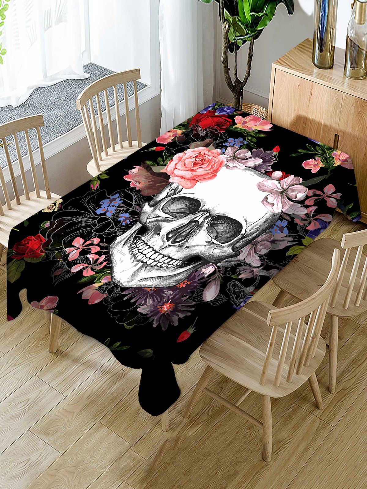 

Halloween Flowers Skull Print Fabric Waterproof Tablecloth, Multi