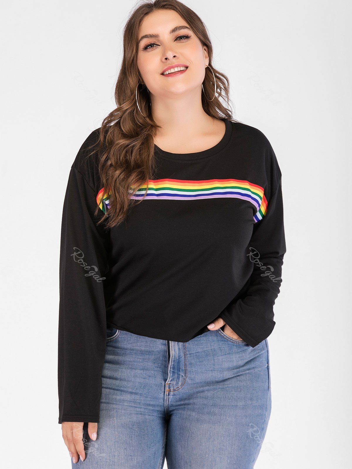 

Rainbow Striped Panel Plus Size Round Neck Sweatshirt, Black