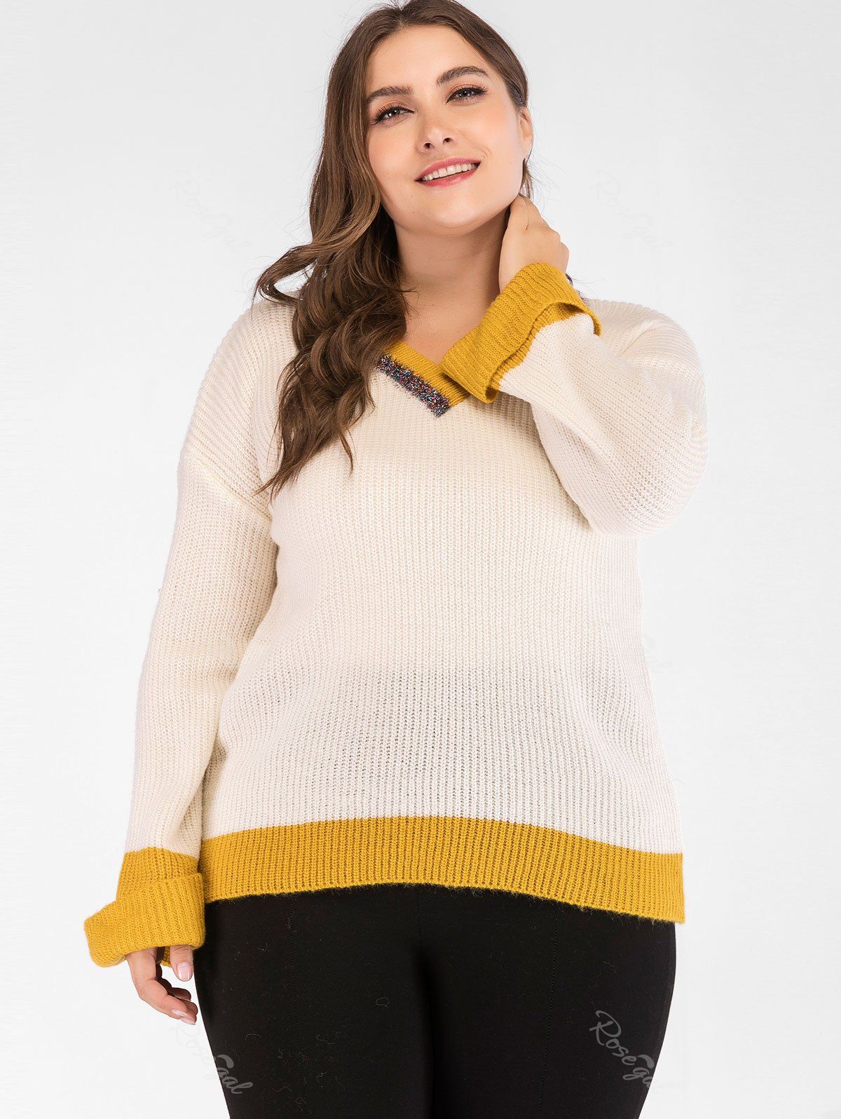 

Drop Shoulder Plus Size Two Tone Sweater, Beige