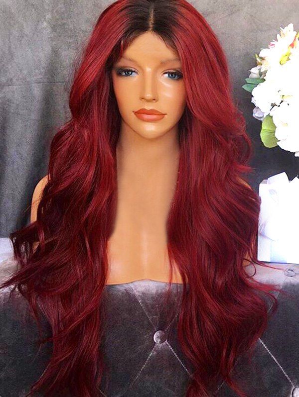 

Long Center Parting Ombre Wavy Synthetic Party Wig, Red wine
