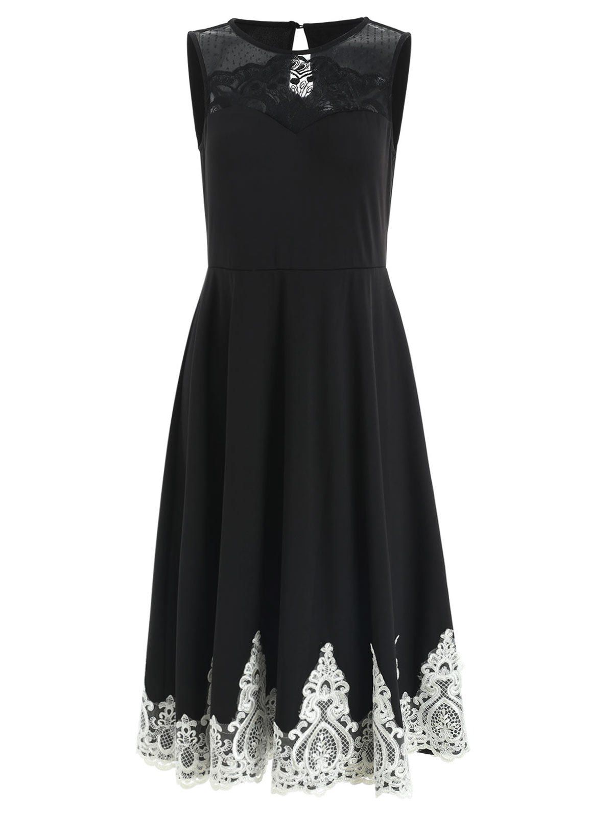 

Lace Panel Sleeveless Fit and Flare Dress, Black