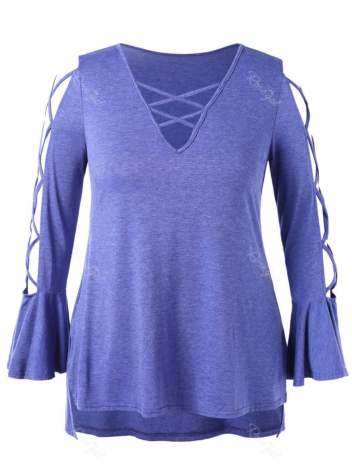 

Plus Size Criss Cross High Low Flare Sleeve T-shirt, Cobalt blue