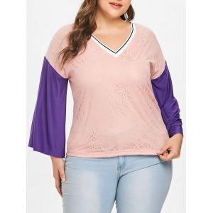 

Plus Size Color Block Eyelash Lace Top, Pink