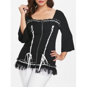 

Plus Size Lace Up Panel Ribbed Top, Black
