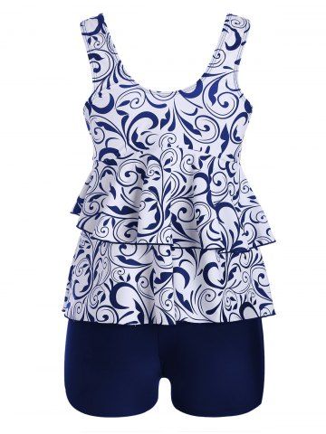 

Plus Size Flounce Printed Blouson Tankini Set, Blue