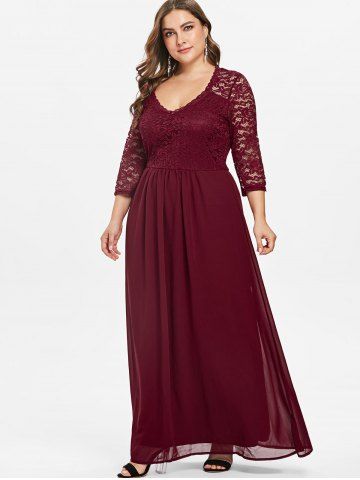 

Sweetheart Neck Plus Size Lace Panel Maxi Dress, Red wine