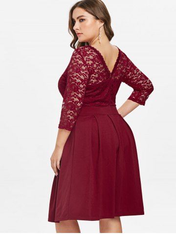 

Round Neck Plus Size Lace Panel A Line Dress, Red