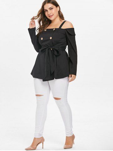 

Plus Size Open Shoulder Double Breasted Blouse, Black