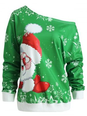 Christmas Santa Claus Print Skew Neck Sweatshirt