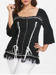 Plus Size Lace Up Panel Ribbed Top -  