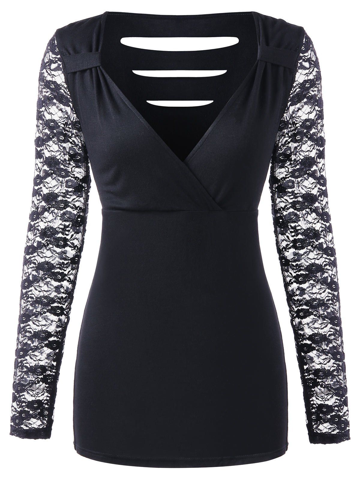 

Lace Panel Slim Fit Surplice T-shirt, Black