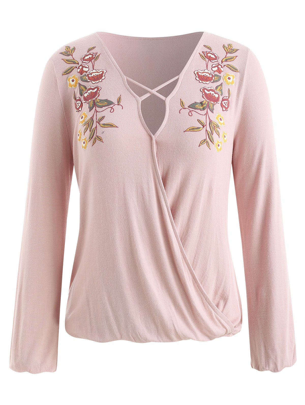 

Floral Print Criss-cross Surplice T-shirt, Pink