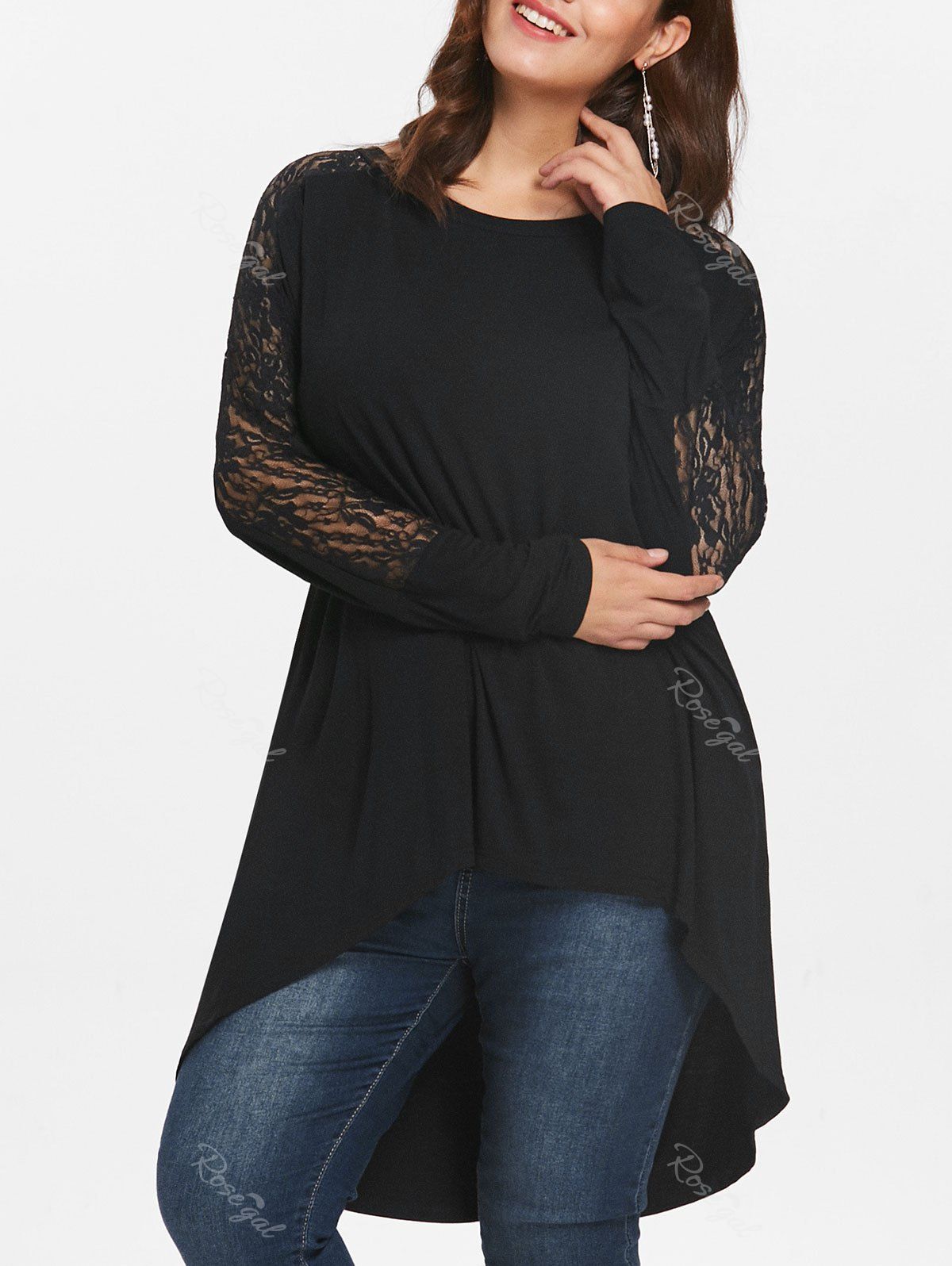 

Plus Size Lace High Low T-shirt, Black