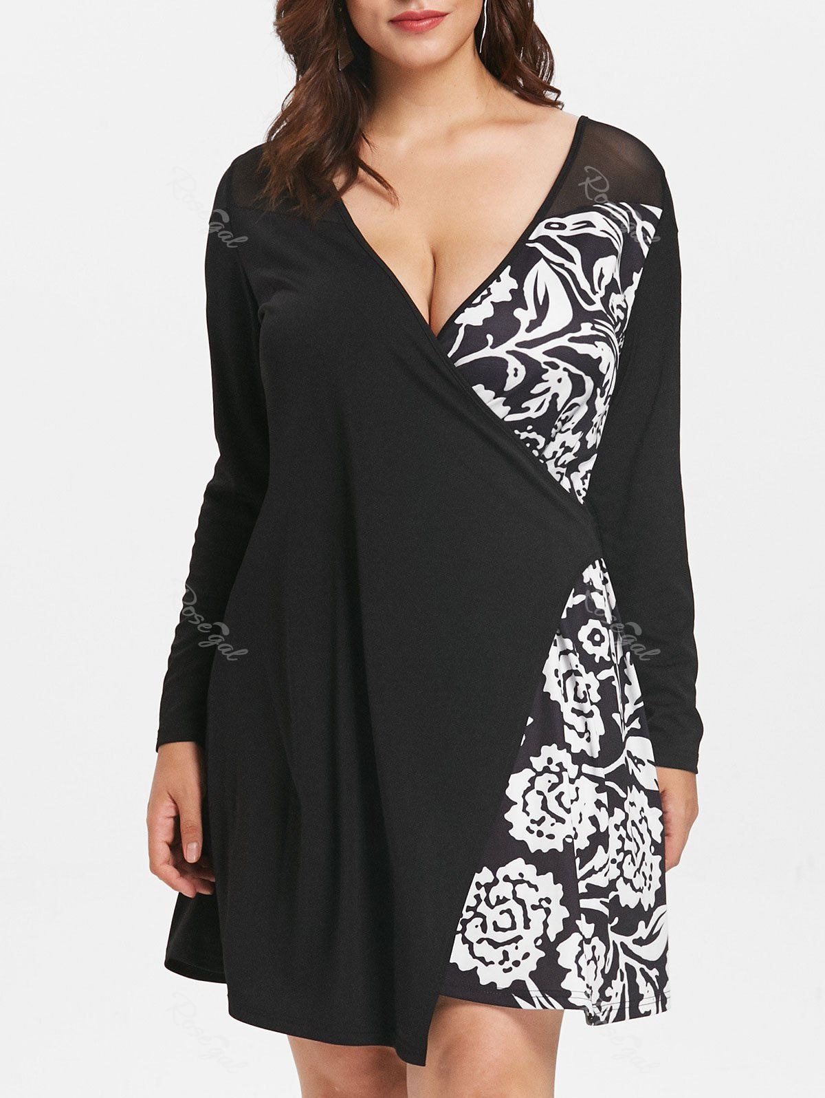 

Plus Size Mesh Insert Print Surplice Dress, Black