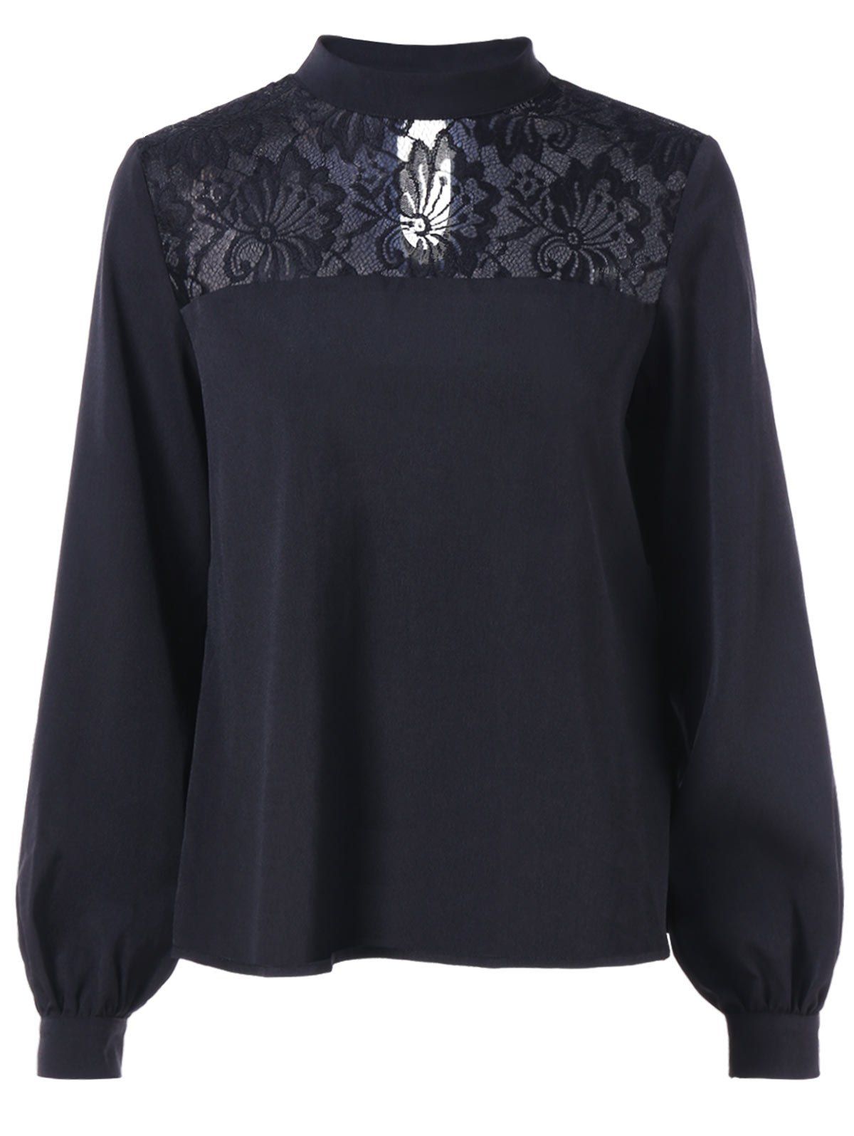 

Floral Lace Insert Long Sleeve Blouse, Black