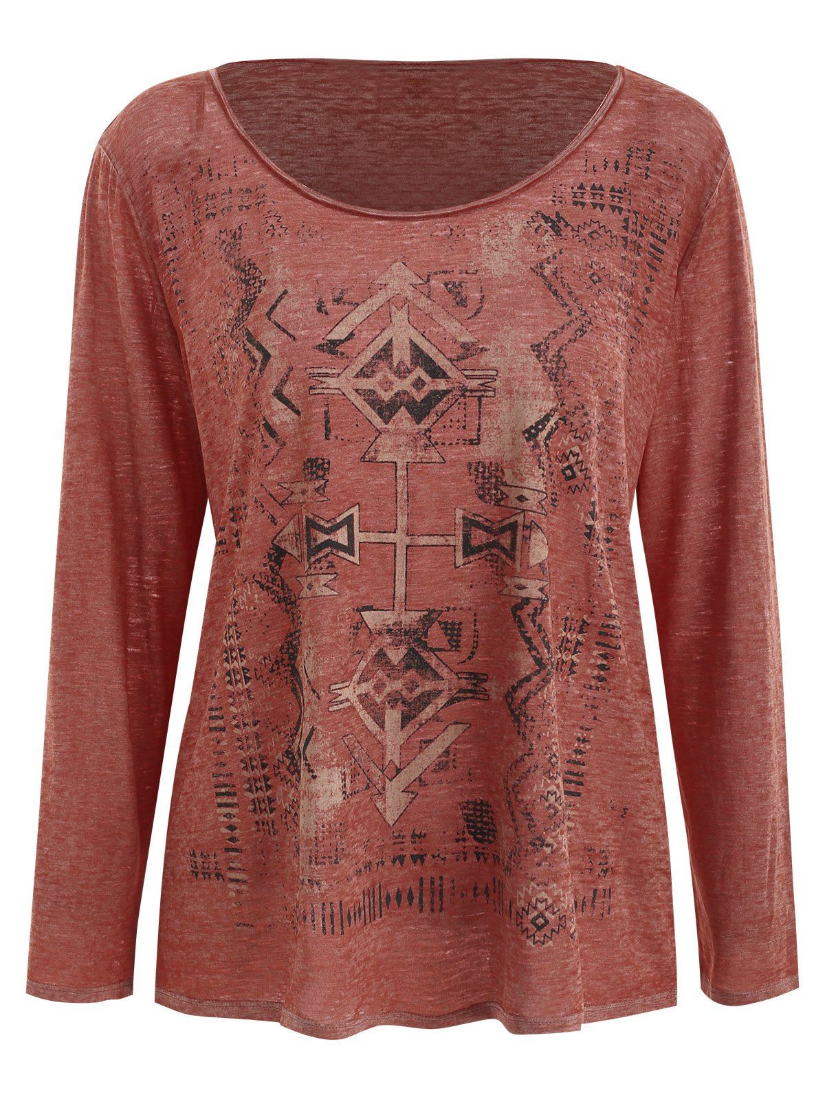 

Long Sleeve Geometric Print T-shirt, Chestnut red