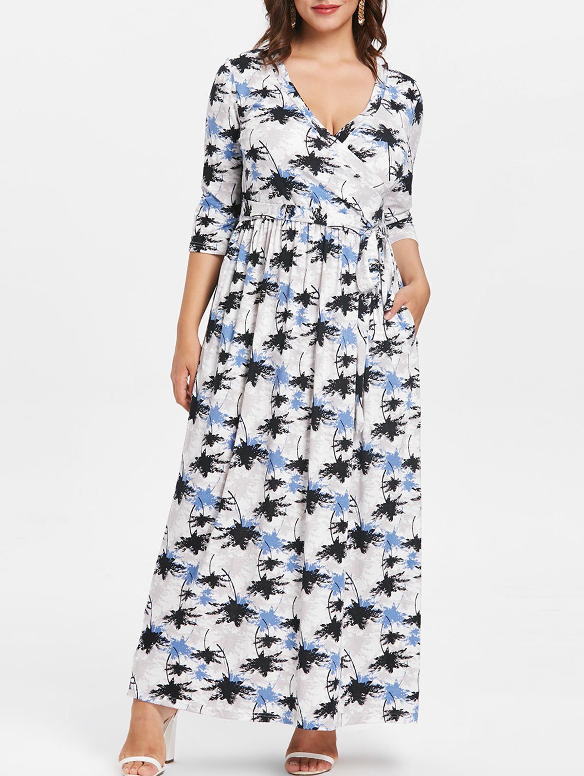 Tie Front Plus Size Printed Maxi Dress, White