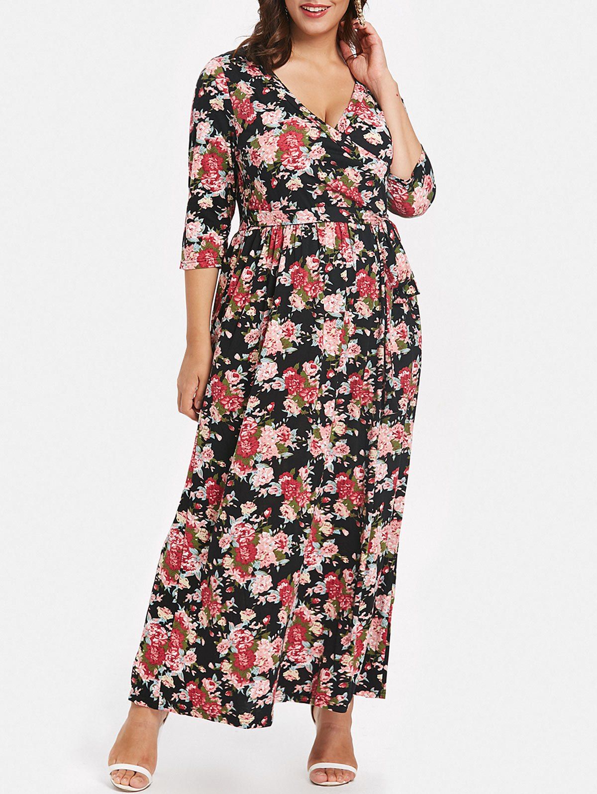 

Tie Front Plus Size Printed Maxi Dress, Black