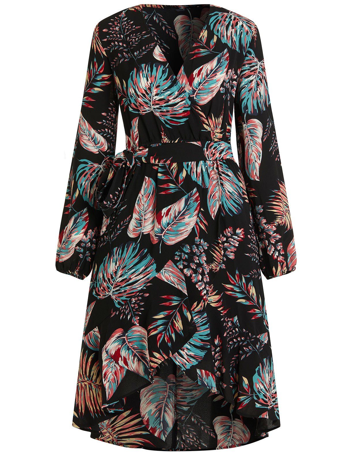 

V Neck Tropical Print Midi Wrap Dress, Black