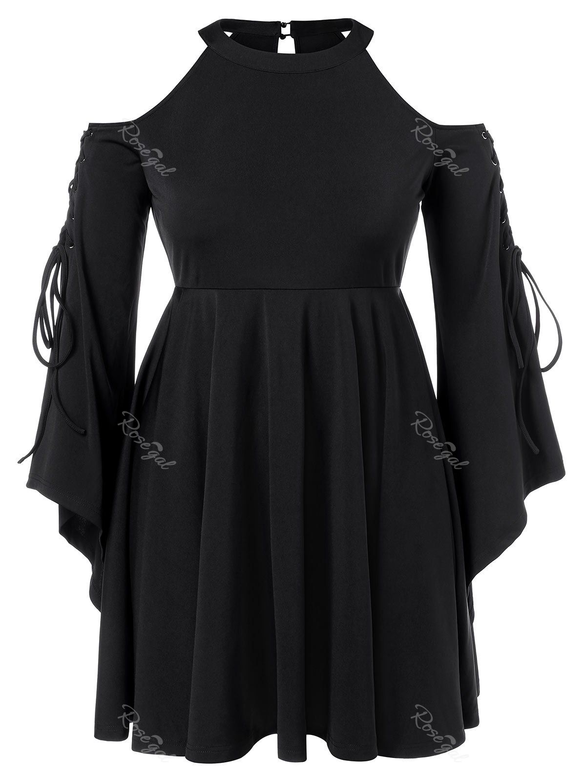 

Plus Size Open Shoulder Lace Up Mini Dress, Black
