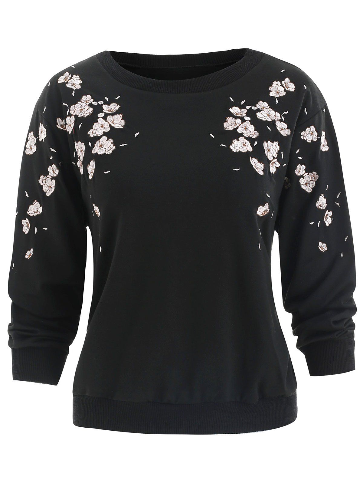 

Floral Embroidery Drop Shoulder Sweatshirt, Black