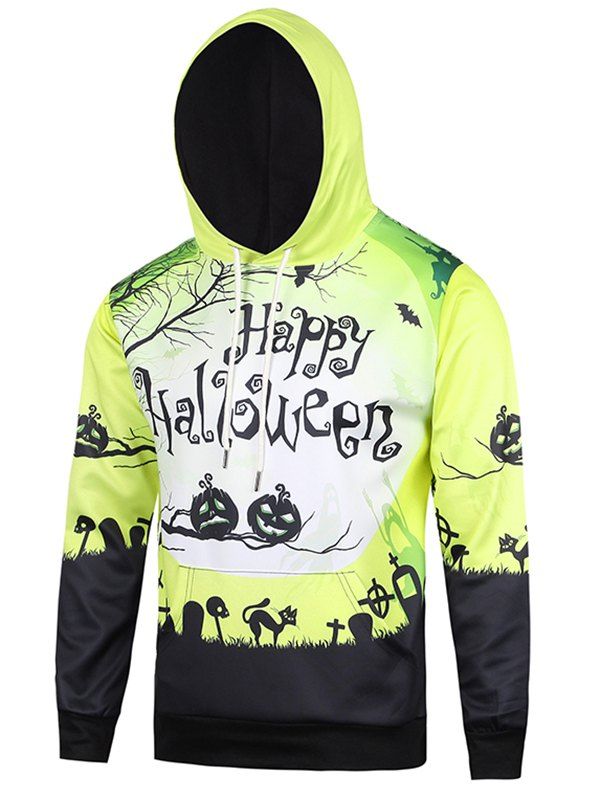 

Happy Halloween Print Drawstring Hoodie, Yellow