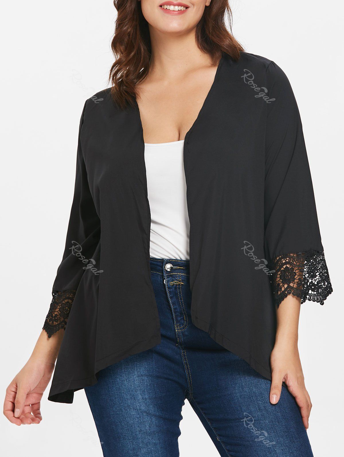 [45 OFF] Lace Hem Sleeve Plus Size Collarless Jacket Rosegal
