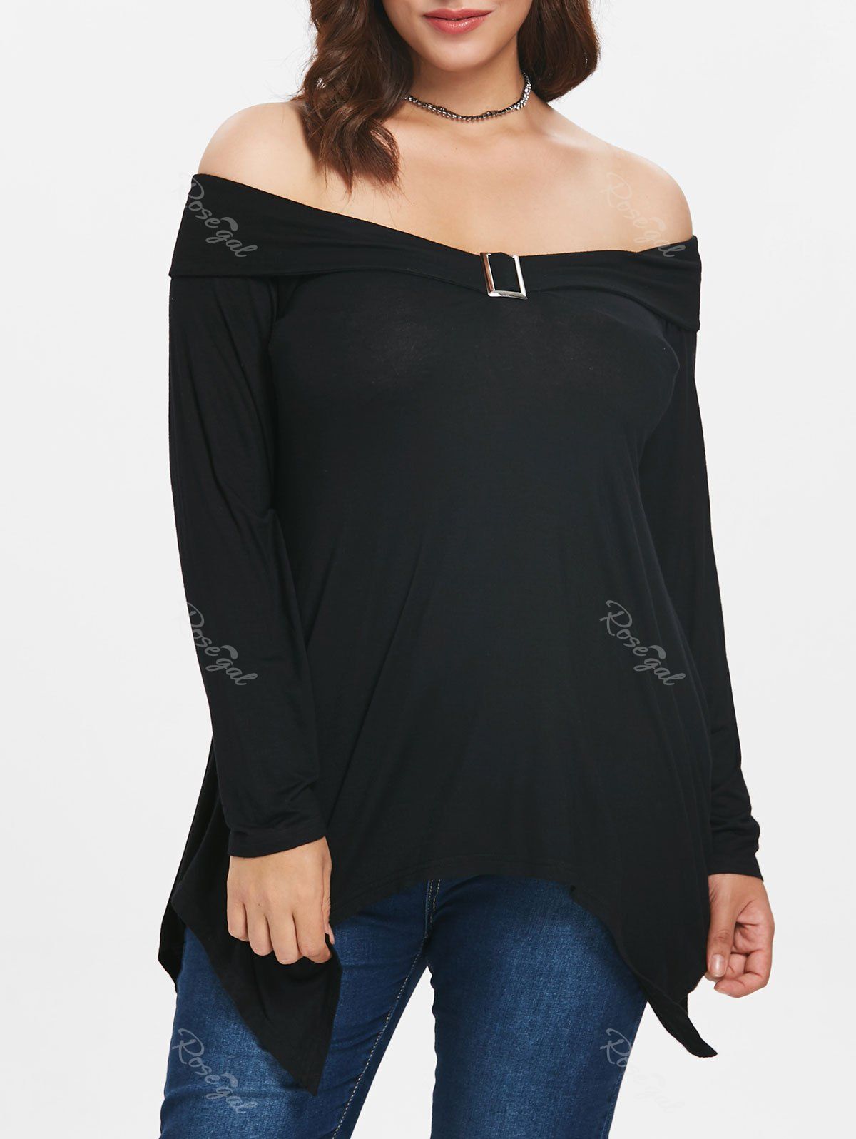 

Plus Size Bare Shoulder Asymmetrical Trim T-shirt, Black