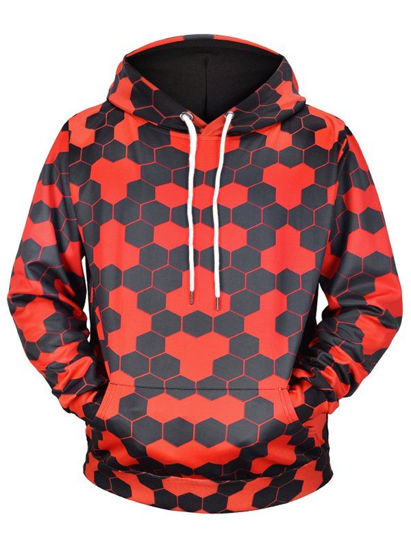 

Geometric Print Kangaroo Pocket Hoodie, Red