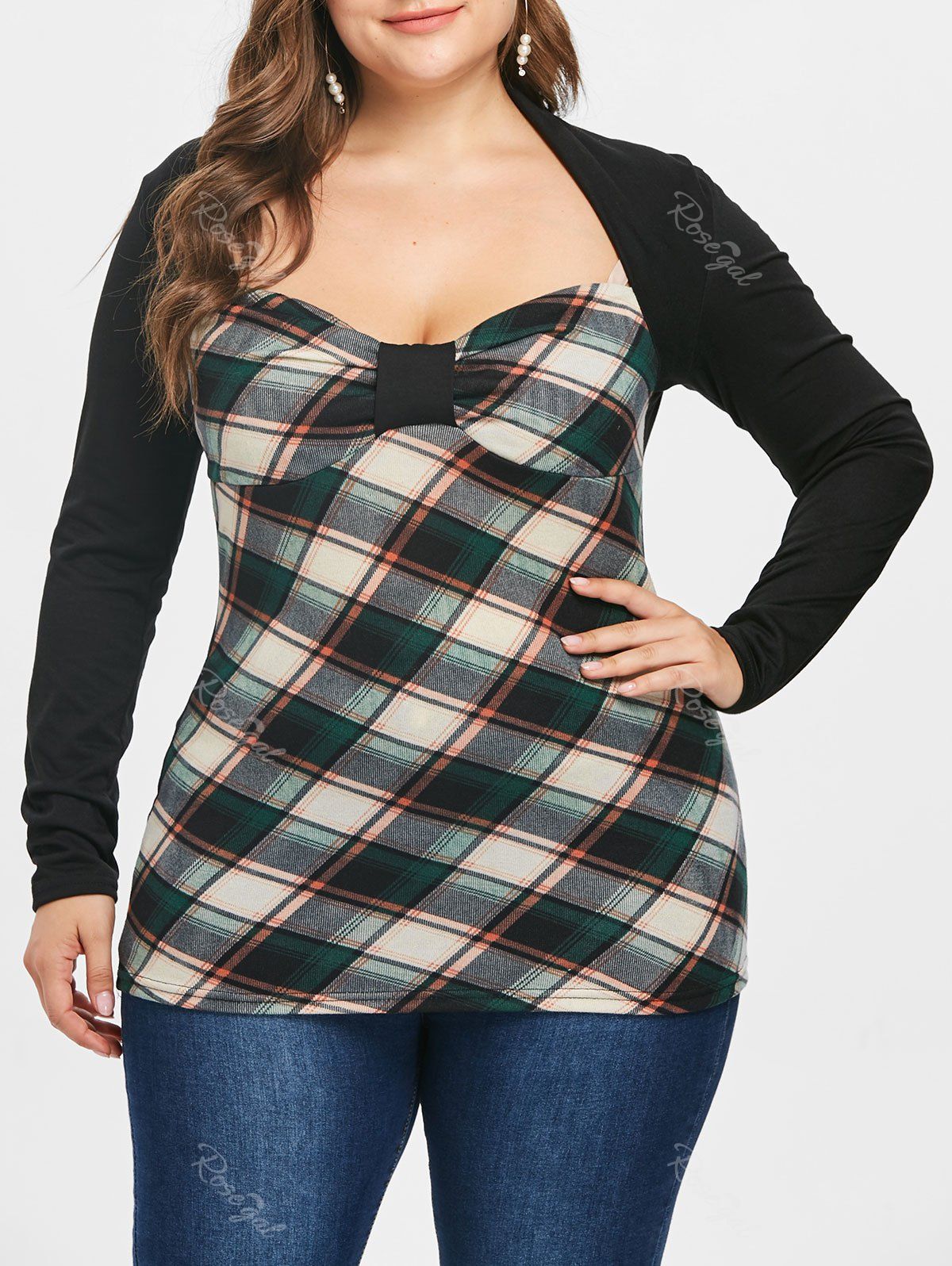 

Bowknot Embellished Plus Size Plaid T-shirt, Orange pink