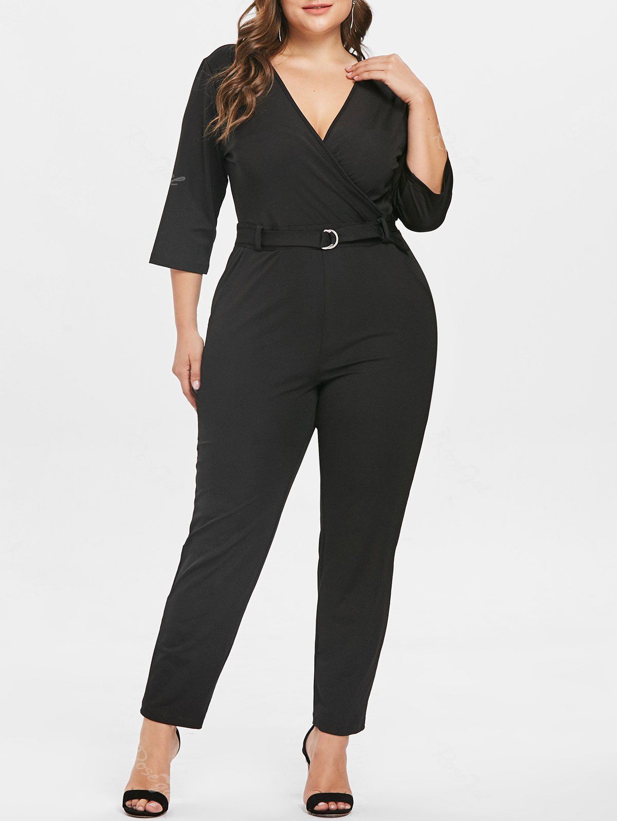 

Plus Size Belted Surplice Jumpsuit, Black